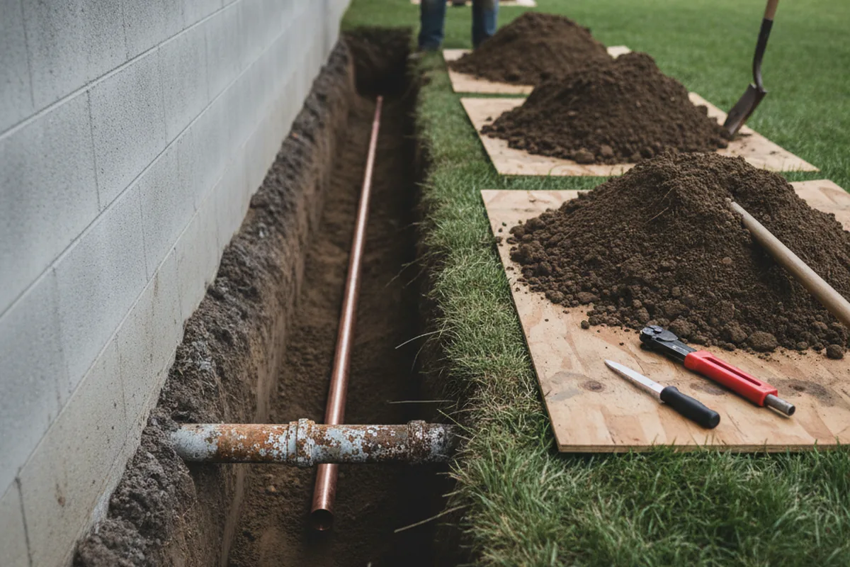 Excavated water line trench during Water Heater Repair in Mc Knightstown